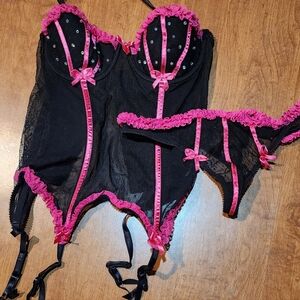 Victoria's Secret Sexy Little Thing Black With Pink Trim Corset And Panty Set, S